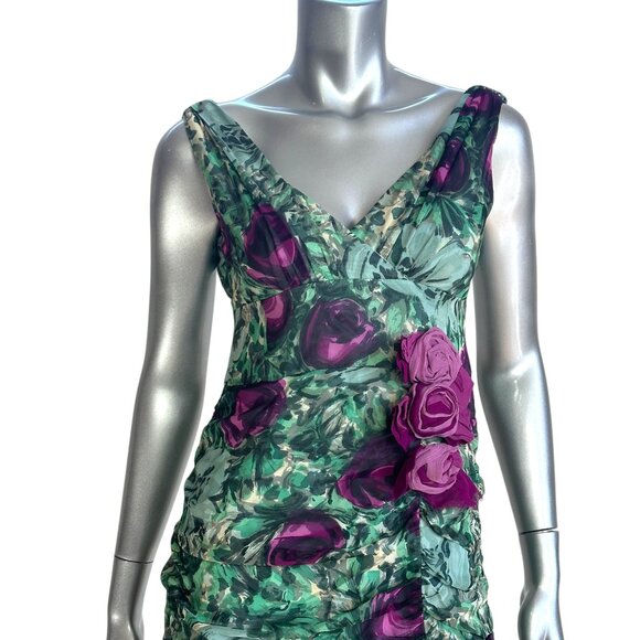 Nanette Lepore Silk Green & Purple Floral Print Sleeveless Dress with Ruching 4 - Picture 10 of 10